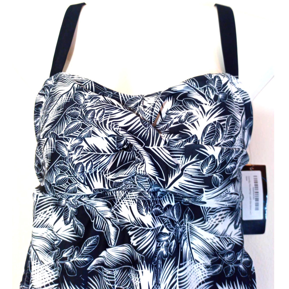NWT Ocean Lily Women Size S Black White Tropical Cross Strap Long Tankini Padded - Picture 2 of 5